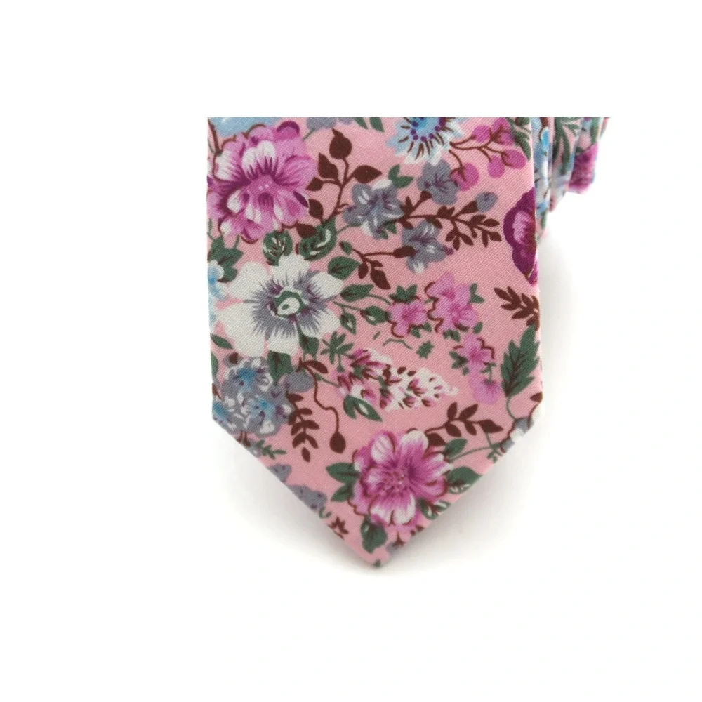 Men's Skinny Necktie Pink Floral Cotton Tie 2.5